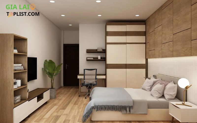 Không gian phòng ngủ ấm cúng, tận dụng ánh sáng và nội thất gỗ tinh tế.